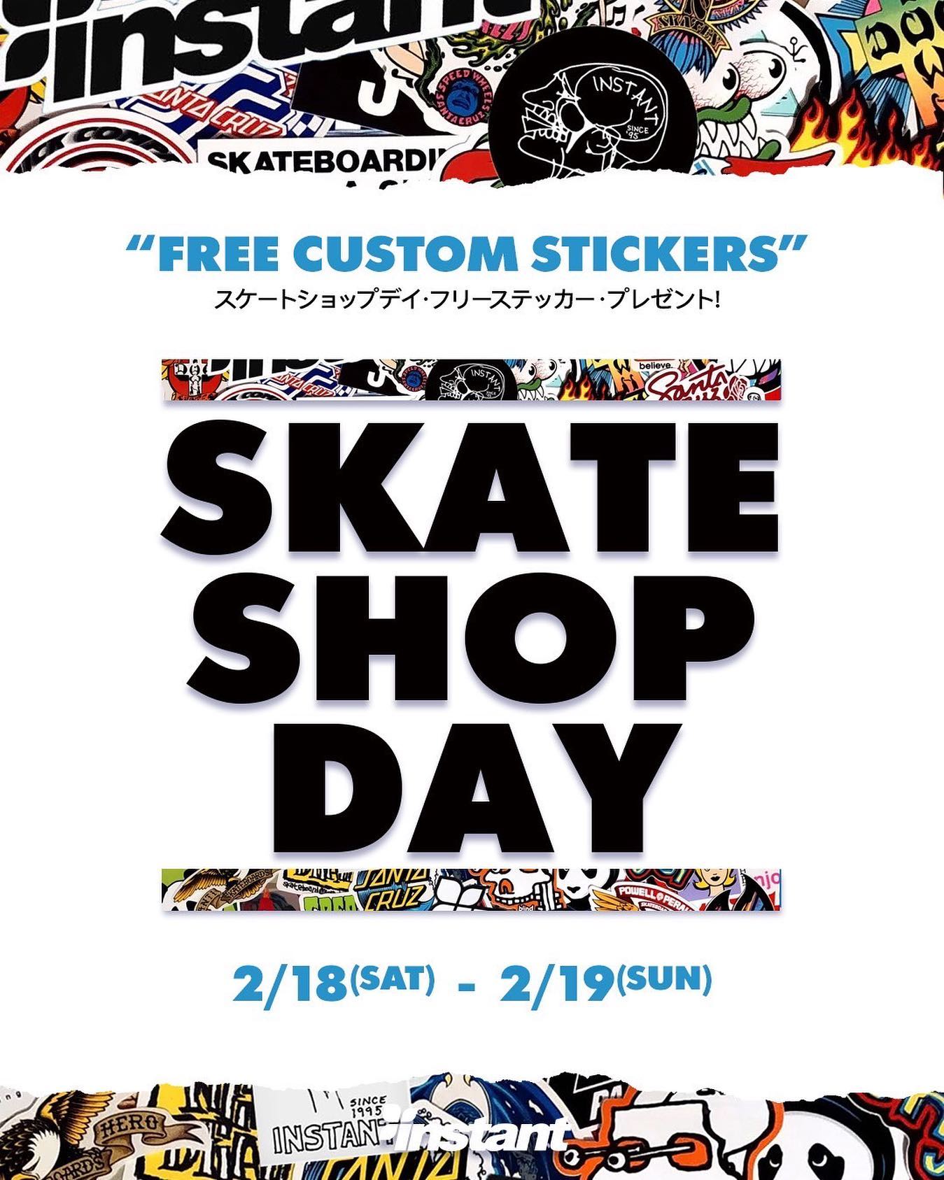 フリーステッカープレゼントSKATE SHOP DAY "FREE CUSTOM STICKERS"来たる2月18日(日本は2月19日)の『SKATE SHOP DAY』を祝して2/18〜2/19の期間にスケートボード持参でご来店いただきましたスケーターにもれなくInstant各店の秘蔵フリーステッカーをプレゼントいたします！自分のデッキをステッカーでカスタマイズして下さい。もちろんデッキ購入の方も対象です！ご来店の際はお気軽にお声掛け下さい。#Instantskateshop