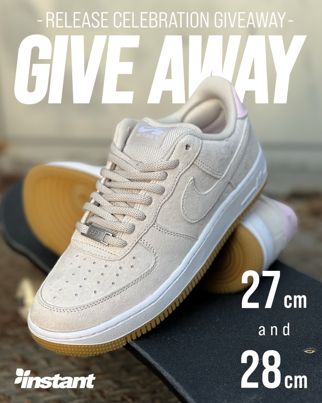 Nike SB Air Force 1~Release Celebration Giveaway~発売記念プレゼント抽選！━━━━━━━━━━━━━Nike SB Air Force 1 のリリースを記念して、プレゼント企画を開催します！Nike SBを履いて滑っている動画を撮って投稿しよう。オーリーでも、プッシュでも、何でもOK。これをきっかけにスケートをはじめてもOK。あなたのベストを見せてください！━━━━━━━━━━━━━️ 当選人数 / サイズ━━━━━━━━━━━━━2名様サイズ：27.0cm ／ 28.0cm（各1足）━━━━━━━━━━━━━️ 応募方法【必須】━━━━━━━━━━━━━① @instant_skateboards をフォロー② Nike SBを履いてスケートした動画をフィードに投稿③ キャプションに希望サイズと#instantAF1 をつける【記入例】27cm #instantAF128cm #instantAF1※サイズは 27cm / 28cm のみ※サイズ記載なしは無効※非公開アカウントは対象外※お一人様1投稿まで━━━━━━━━━━━━━️ 締切━━━━━━━━━━━━━4月19日（日）23:59 まで━━━━━━━━━━━━━️ 当選発表━━━━━━━━━━━━━締切後、4月20日（月）中に当選者にDMでご連絡します。（投稿・ストーリーズでの発表なし）DMへのご返信は24時間以内にお願いします。━━━━━━━━━━━━━️ 受け取り方法━━━━━━━━━━━━━店頭受け取り／配送 どちらも可詳細は当選DMにてご案内します。━━━━━━━━━━━━━️ ご注意━━━━━━━━━━━━━・お一人様1投稿まで・27cm / 28cm 以外のサイズ記載は無効・サイズ記載のない投稿は無効・非公開アカウントは対象外・日本国内在住の方に限ります・転売目的と判断されるアカウントは選外とさせていただく場合があります・抽選に関するお問い合わせにはお答えできません・本企画はInstagram社とは一切関係ありません#instantAF1#instantskateshop@nikesb @nikesbdojo