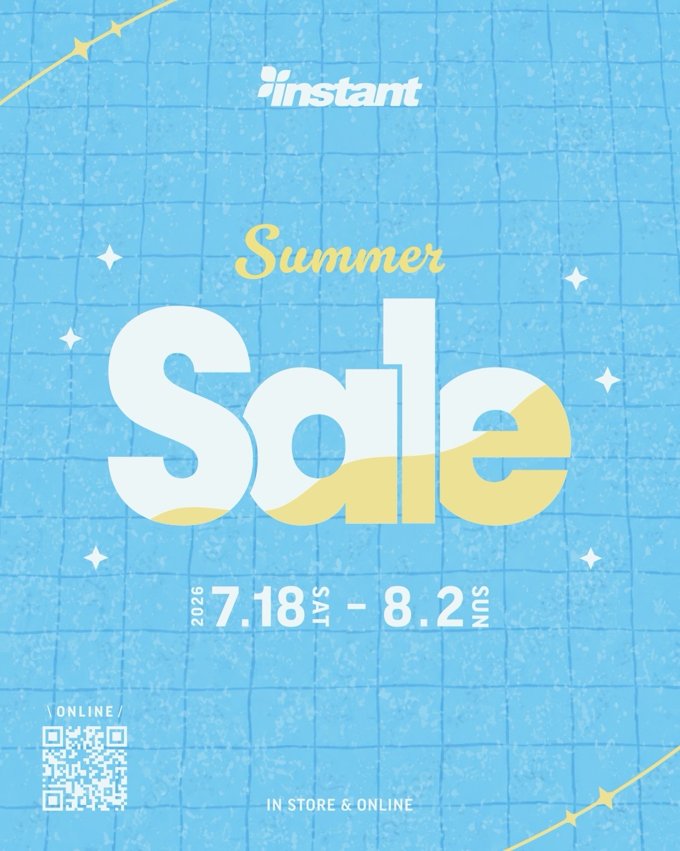 instant Summer Sale 開催！夏本番。サマーセール、スタート🏝️オンラインストア・店舗ともに、シューズ、アパレル、デッキを中心にサマーセールを実施します。この夏大活躍必至なアイテムから、年中大活躍するアイテムまでお得にご用意これからスケートボードをはじめたい方も、この機会に必要なアイテムをお得に揃えてください。初めての方も、専門スタッフが丁寧にサポートいたしますのでご安心ください。在庫限りとなりますので、気になるアイテムやお探しのサイズはお早めにチェックしてください！【期間】2026/7/18（土）〜8/2（日）【開催場所】Webストア＆店舗 ・Webストア開始：7/18（土）0:00〜・店舗開始：7/18（土）各店オープン時間〜#instant #instantskateshop #instantskateboards #サマーセール #SummerSale